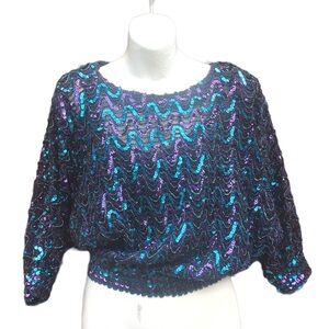 Vintage Three Flaggs Sequin Top Blue Purple M Medium Sparkle 80s 90s